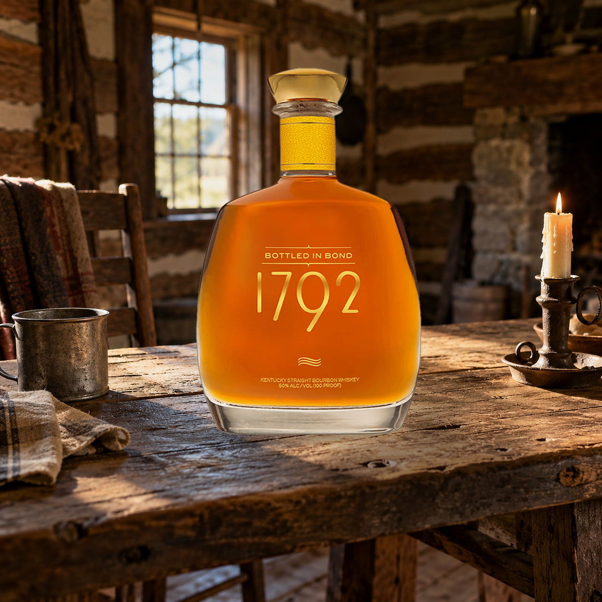 1792 Straight Bourbon Bottled In Bond Whiskey pioneer cabin table