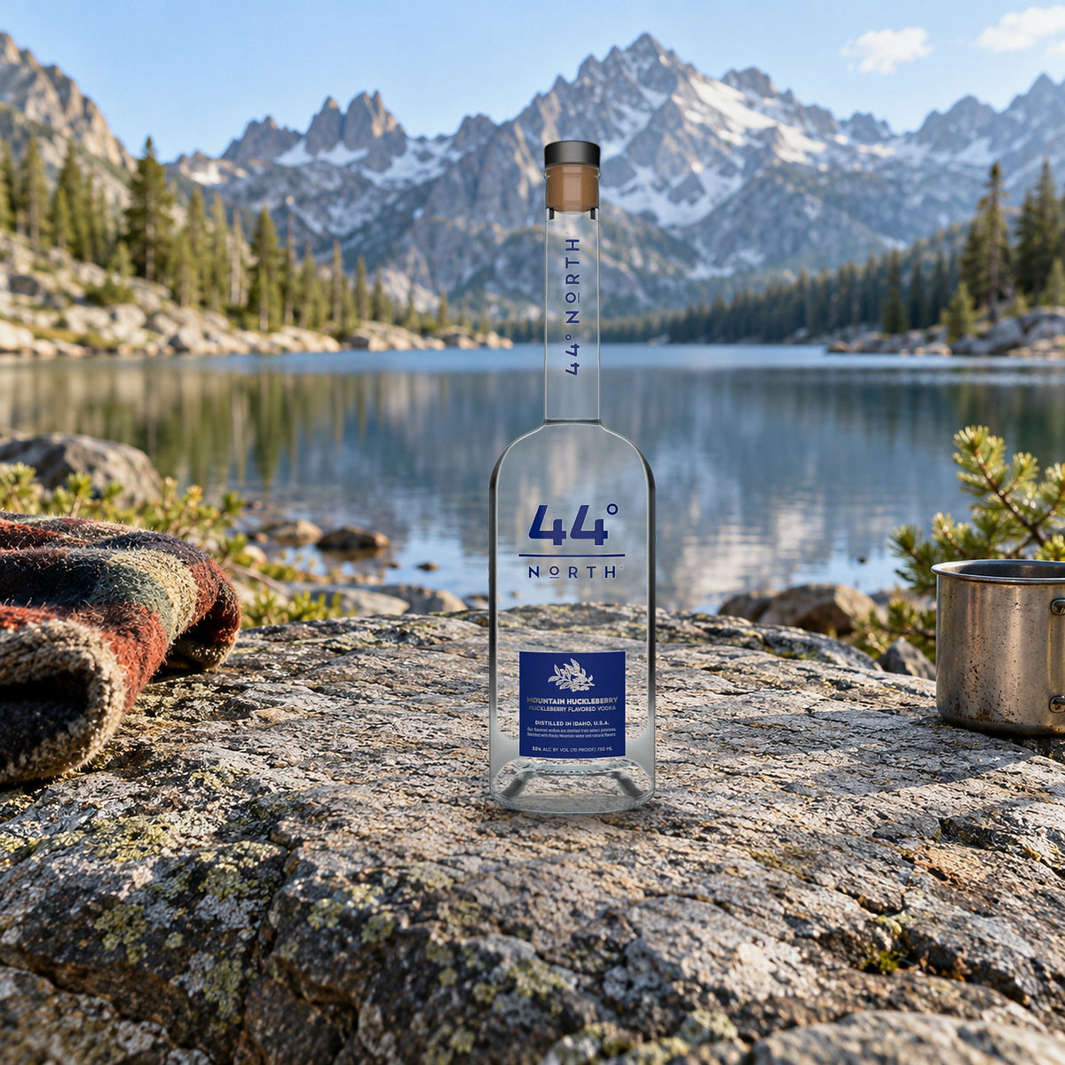 44 North Mountain Huckleberry Vodka alpine lake rock