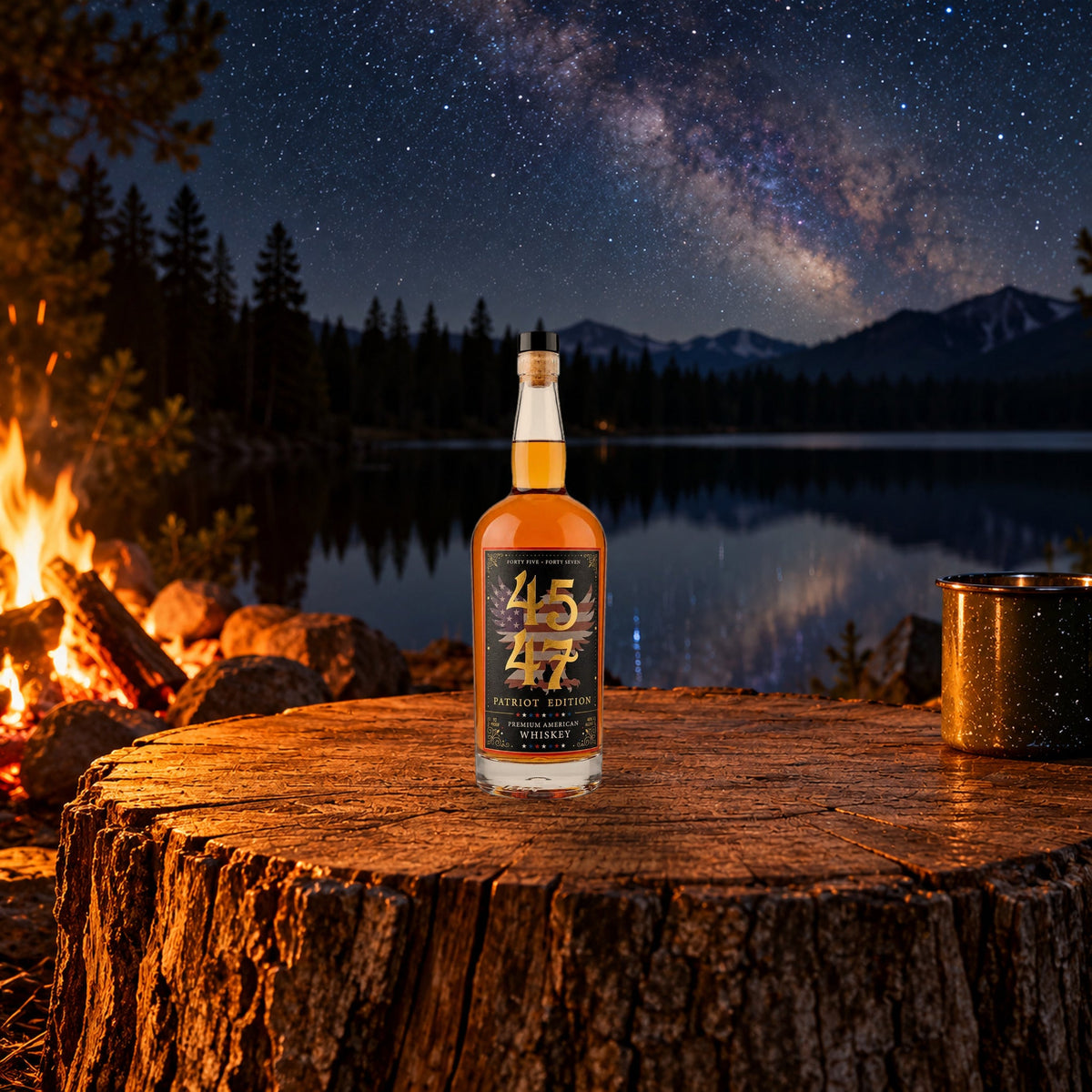 4547 Patriot Edition American Whiskey by a lakeside campfire