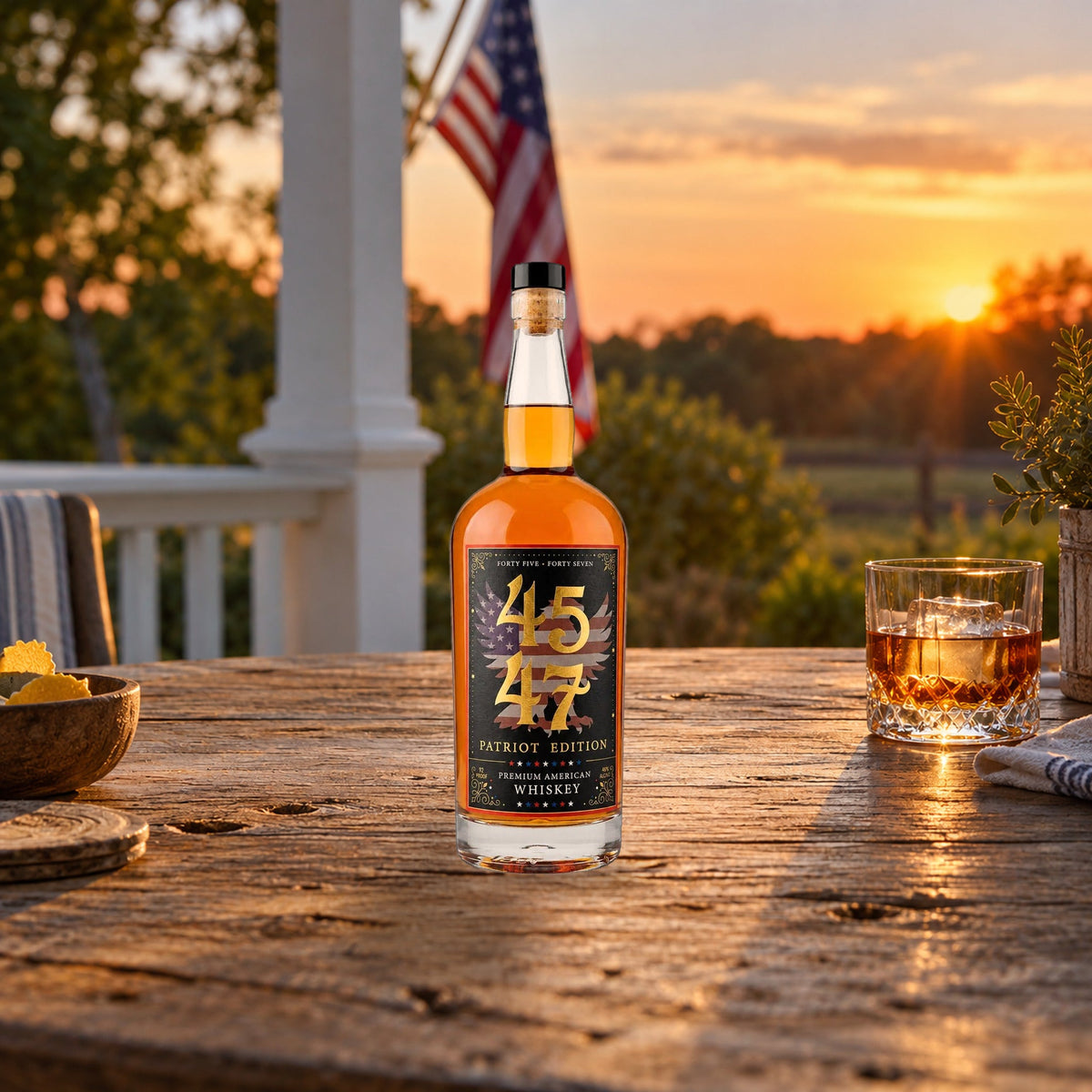 4547 Patriot Edition American Whiskey on a farmhouse porch at sunset