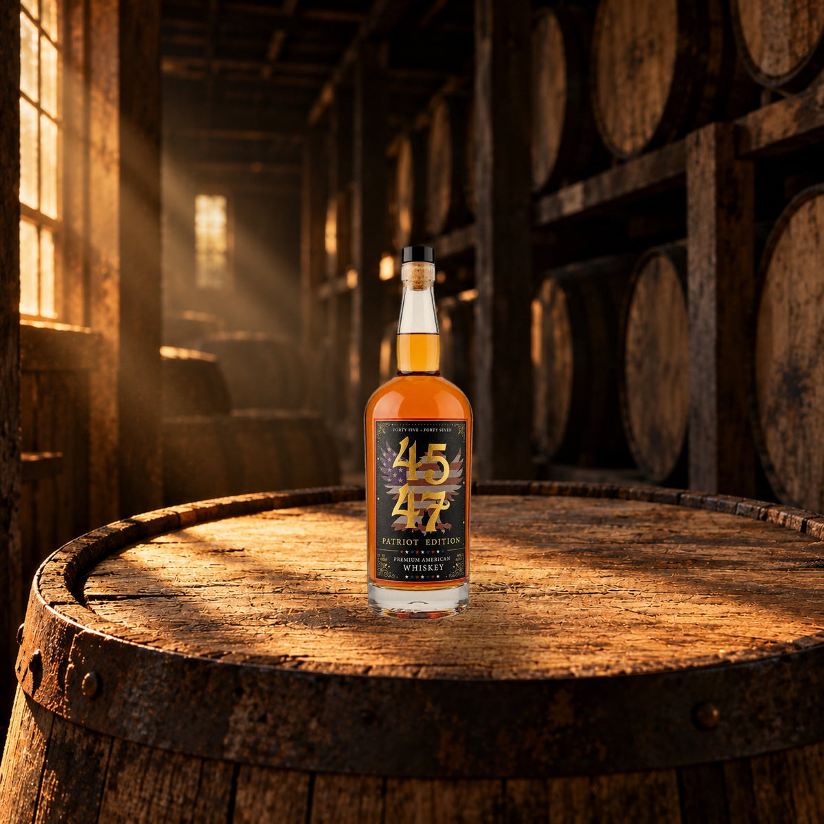 4547 Patriot Edition American Whiskey on a barrel in a rickhouse