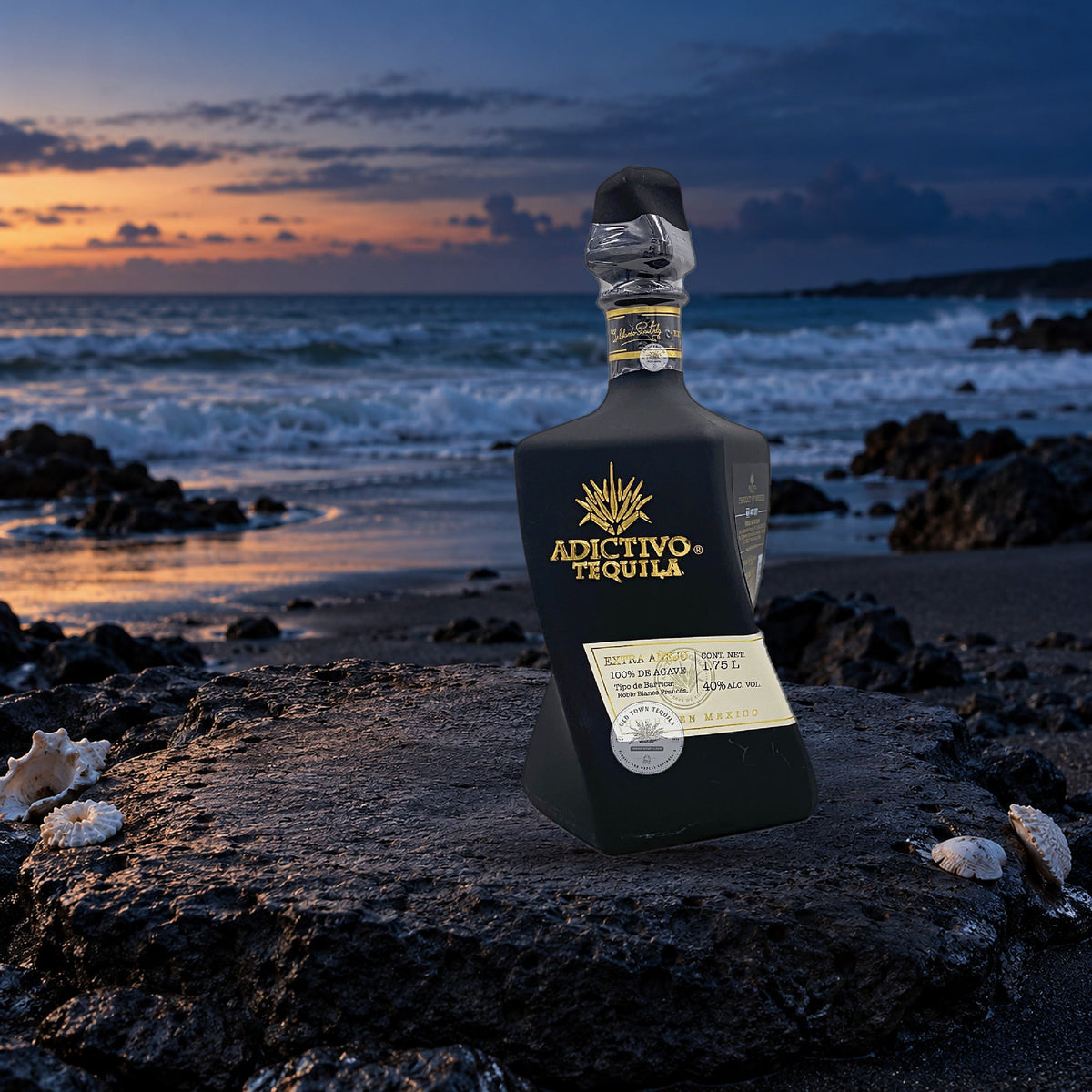 Adictivo Tequila Black Edition Extra Anejo 1.75 Liter black sand beach