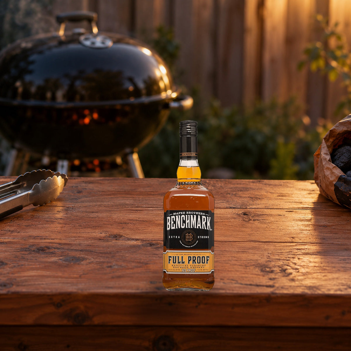Benchmark Full Proof Kentucky Straight Bourbon Whiskey charcoal grill table