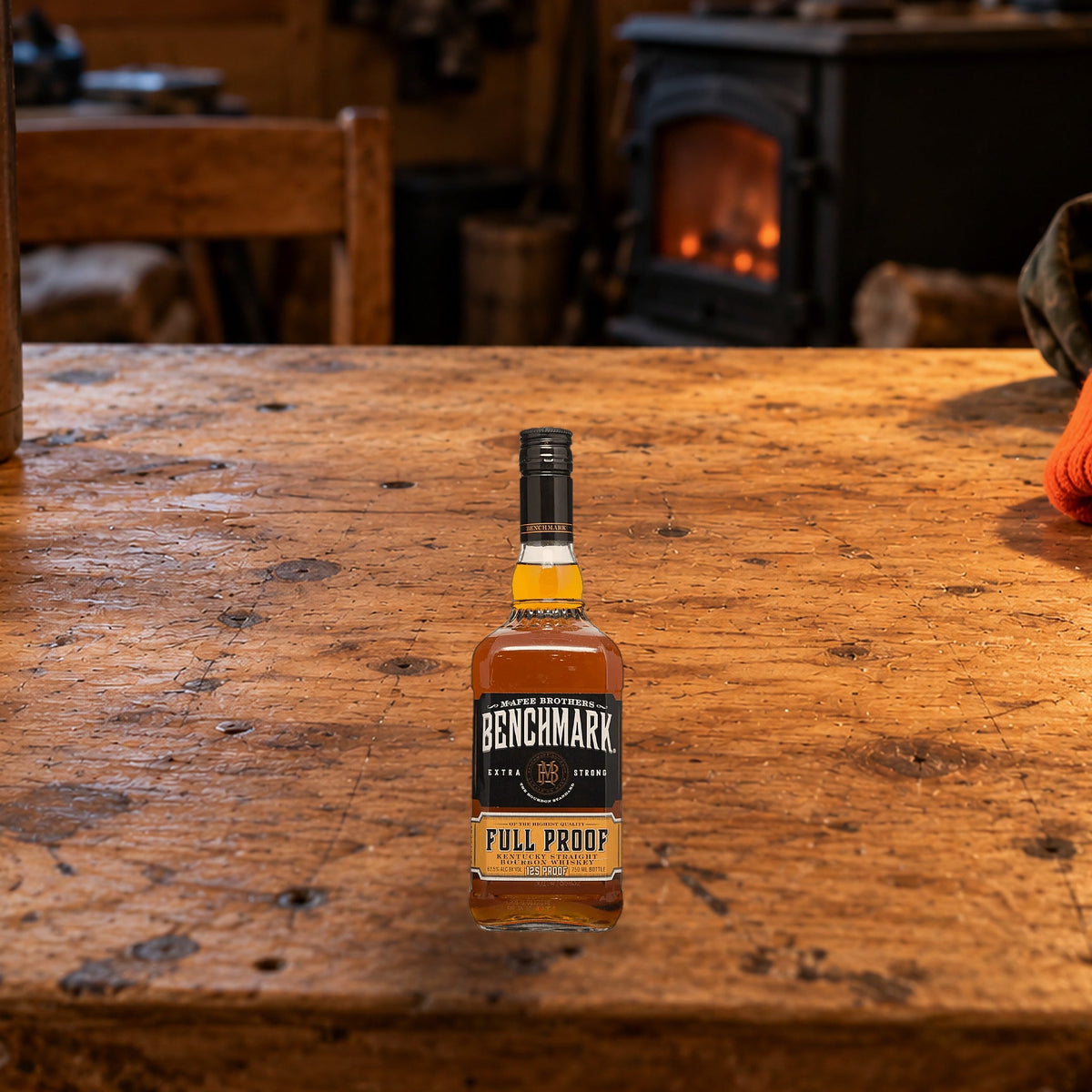 Benchmark Full Proof Kentucky Straight Bourbon Whiskey deer camp table