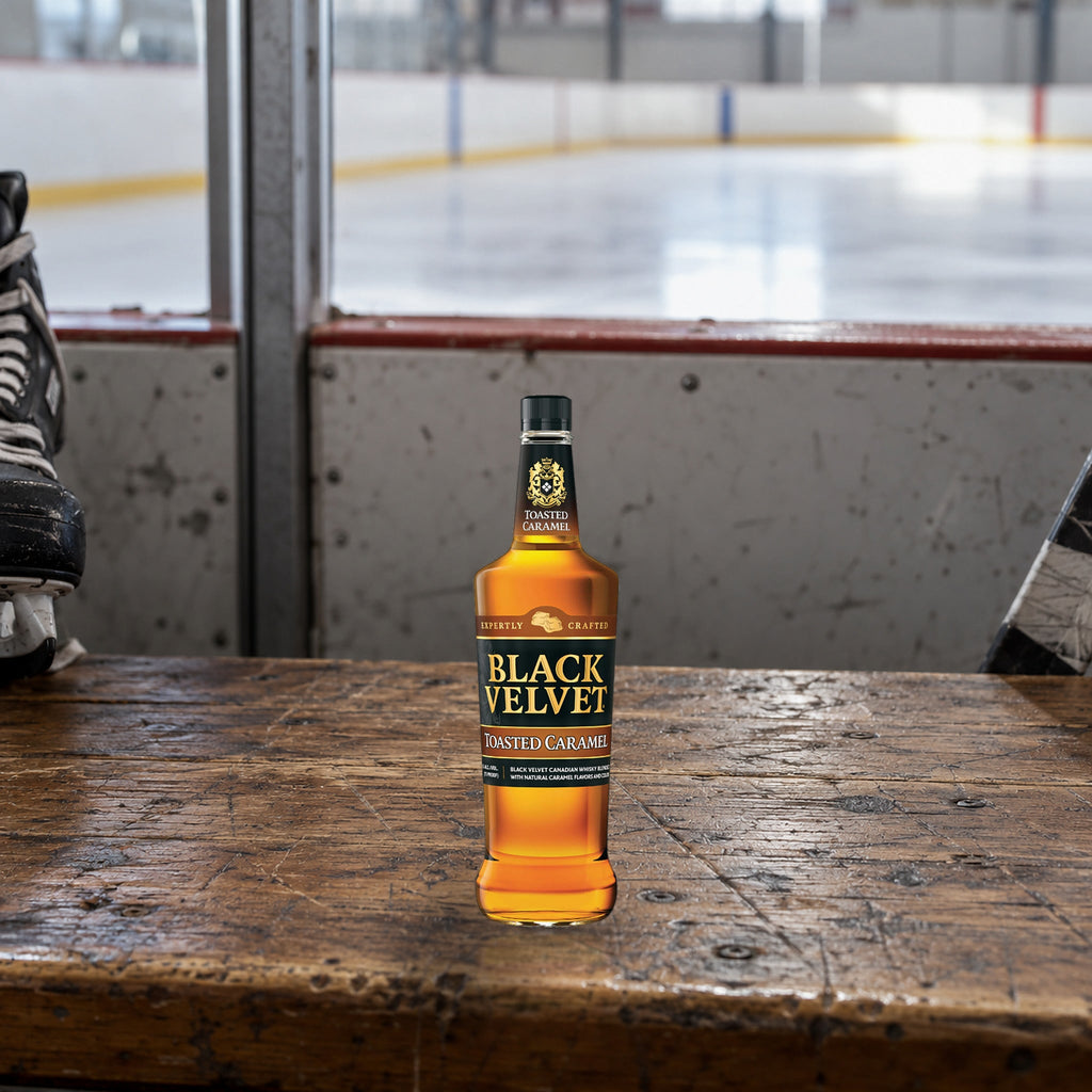 Black Velvet Toasted Caramel Flavored Whiskey hockey rink bench