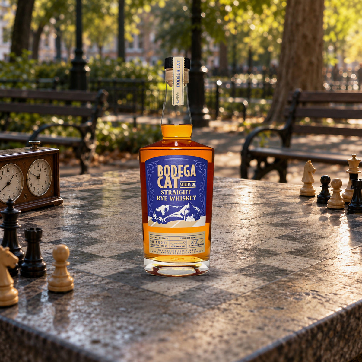Bodega Cat Straight Rye Whiskey park chess table