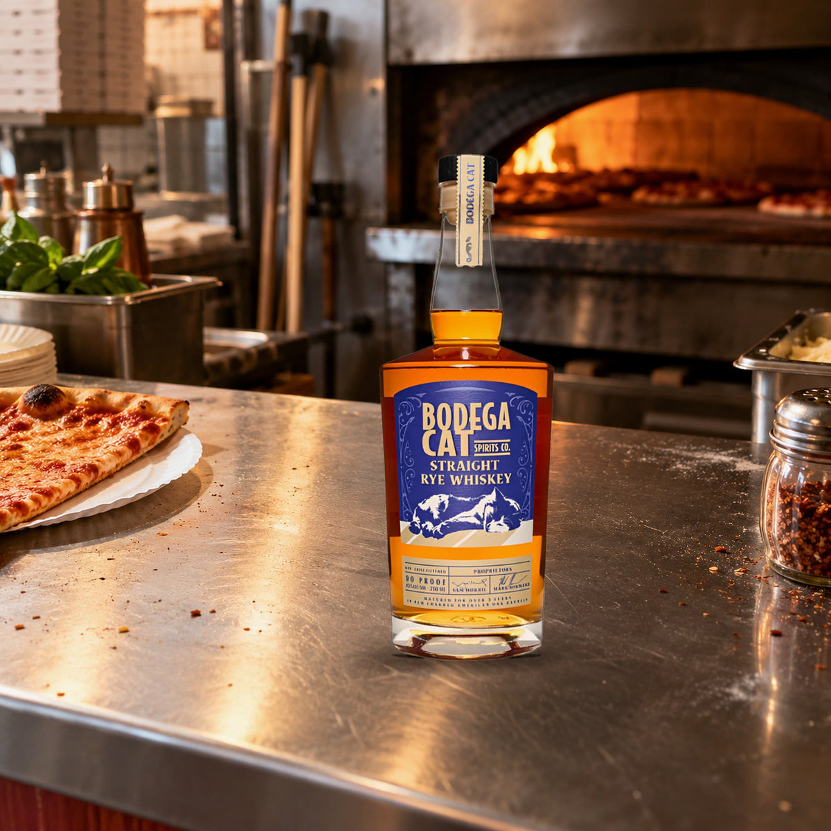 Bodega Cat Straight Rye Whiskey pizza slice counter