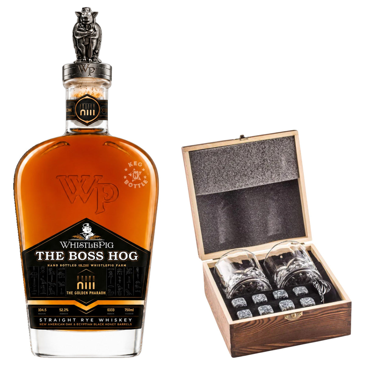 WhistlePig The Boss Hog XIII The Golden Pharaoh With Gift — Wooden Box, 2 Glasses & Whiskey Stones