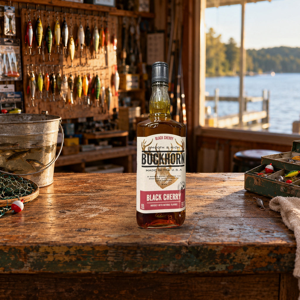 Buckhorn Black Cherry Straight Bourbon Whiskey bait shop counter