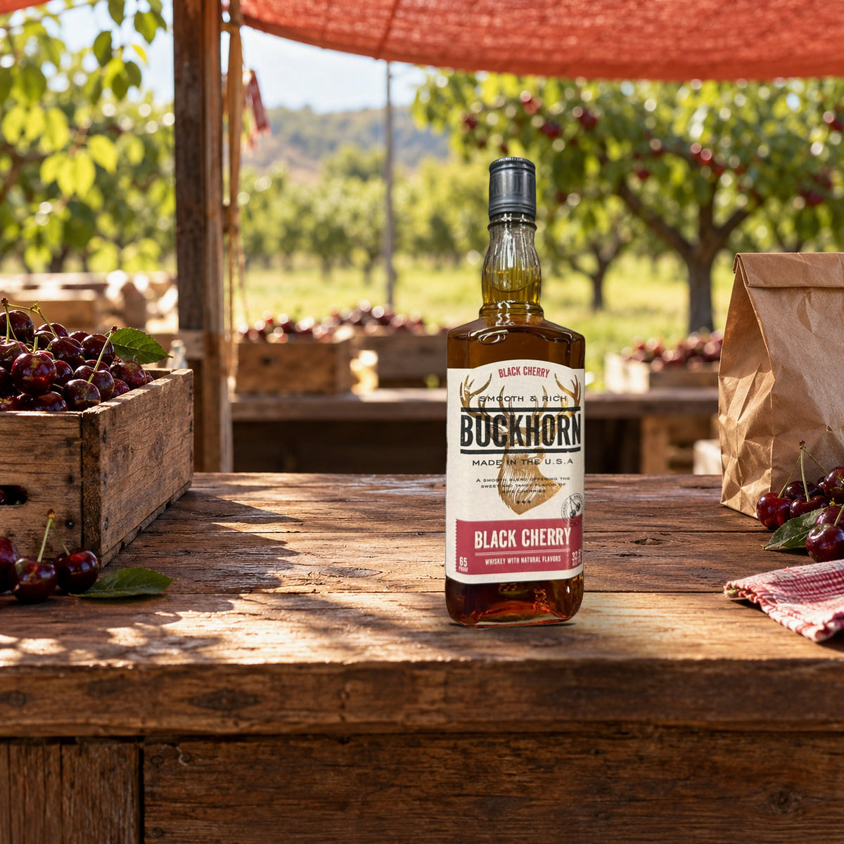 Buckhorn Black Cherry Straight Bourbon Whiskey cherry stand