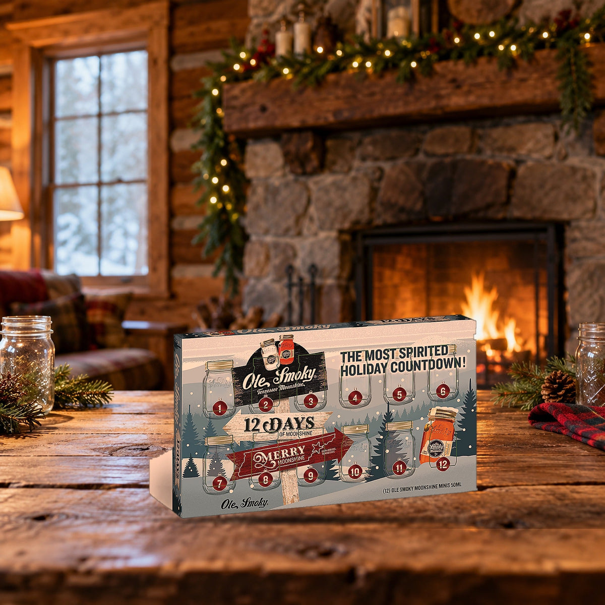 Ole Smoky 12 Days of Moonshine Holiday Pack 12 x 50mL smoky cabin holiday table