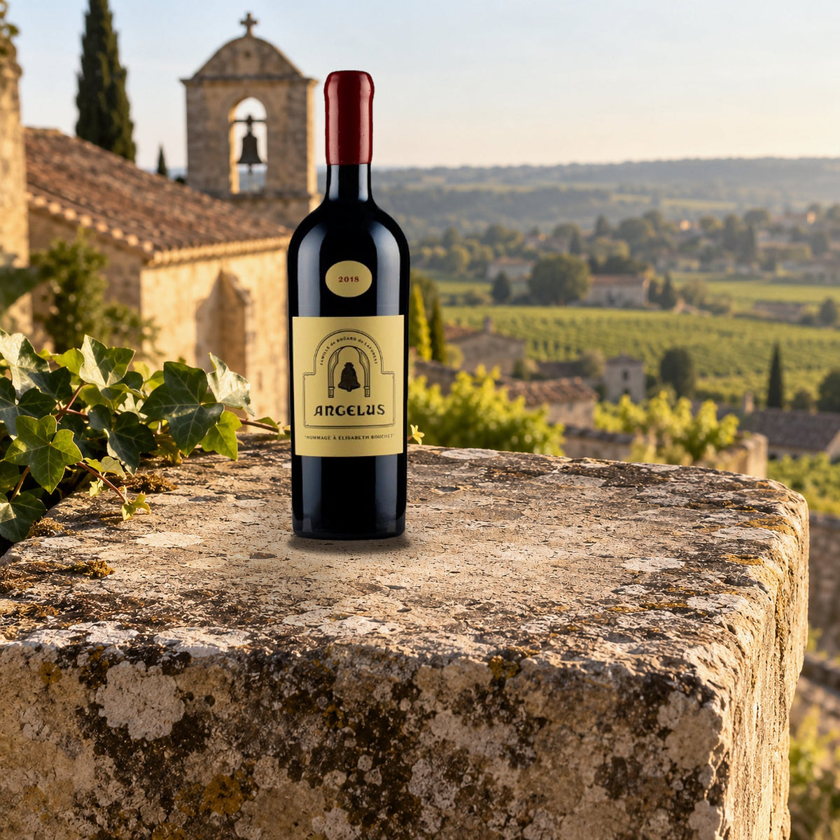 Chateau Angelus Hommage A Elisabeth Bouchet Saint Emilion Grand Cru 2018 With Wood Box chapel stone ledge
