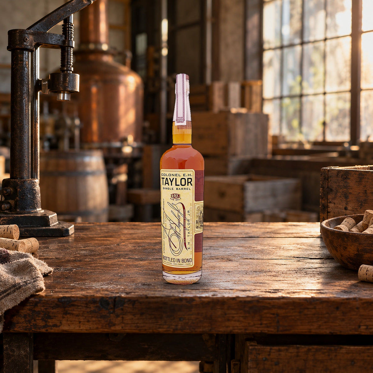 Colonel E.H. Taylor Single Barrel Bourbon Whiskey hand corking table