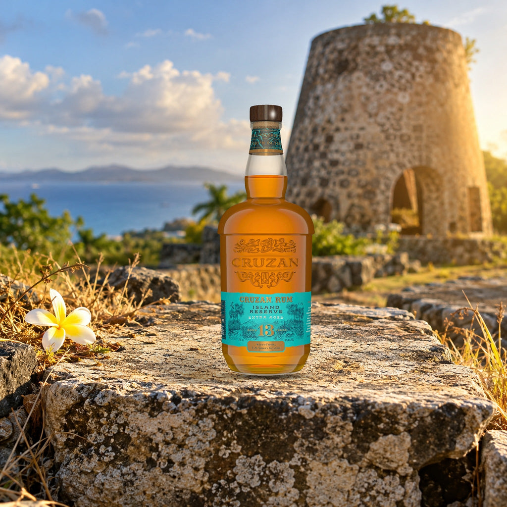 Cruzan Island Reserve Extra Aged 13 Year Rum windmill ruin stone