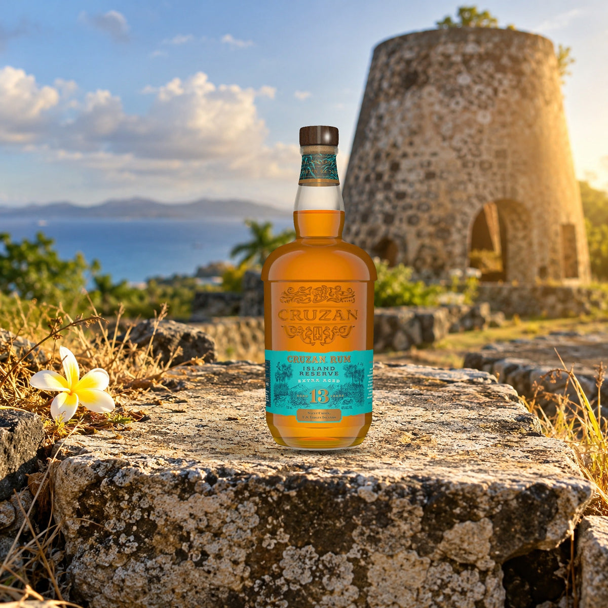 Cruzan Island Reserve Extra Aged 13 Year Rum windmill ruin stone