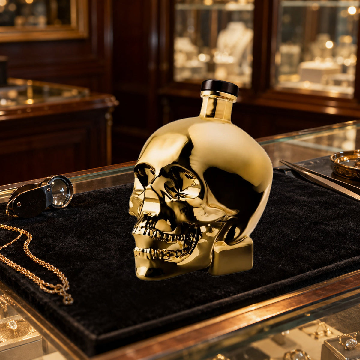 Crystal Head Vodka Gold Edition jewelers counter
