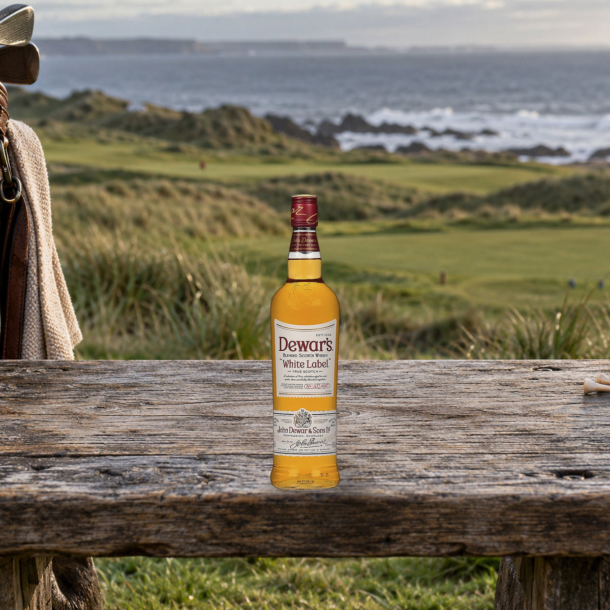 Dewar's Blended Scotch White Label Whiskey golf links bench
