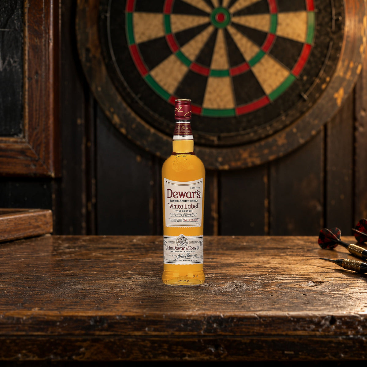 Dewar's Blended Scotch White Label Whiskey pub dartboard ledge