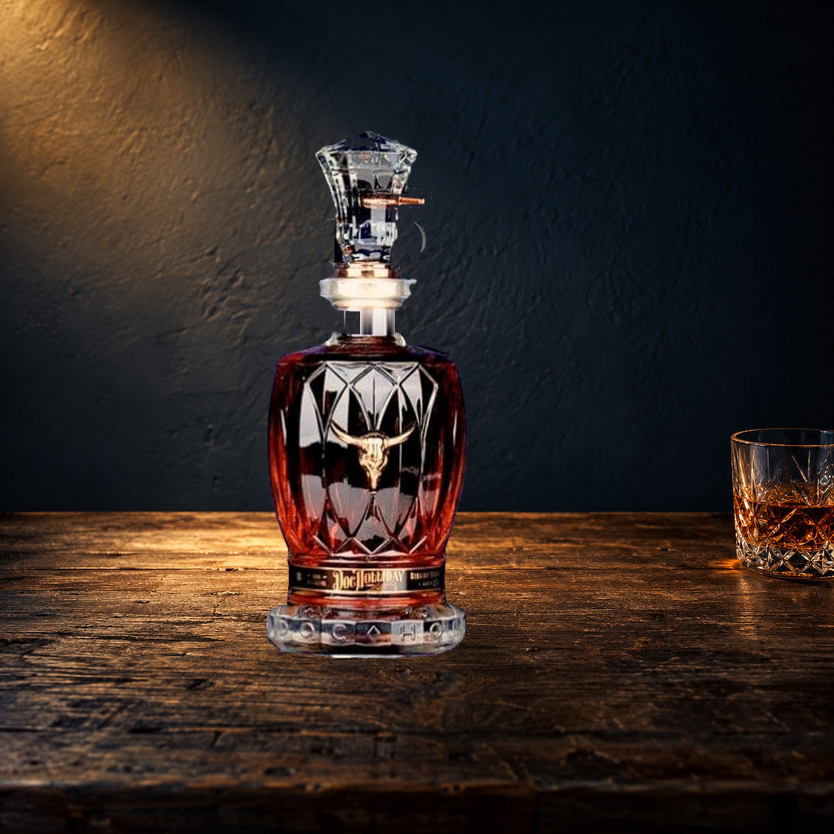 Doc Holliday 10 Year crystal decanter spotlit against a midnight-blue wall