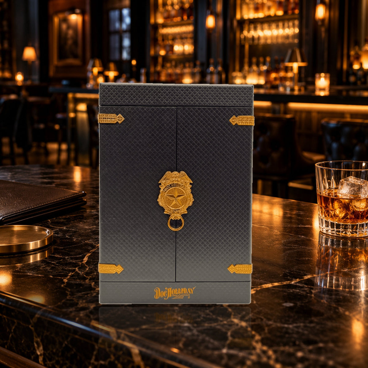 Doc Holliday 10 Year Collector's Case closed on a marble whiskey-lounge bar