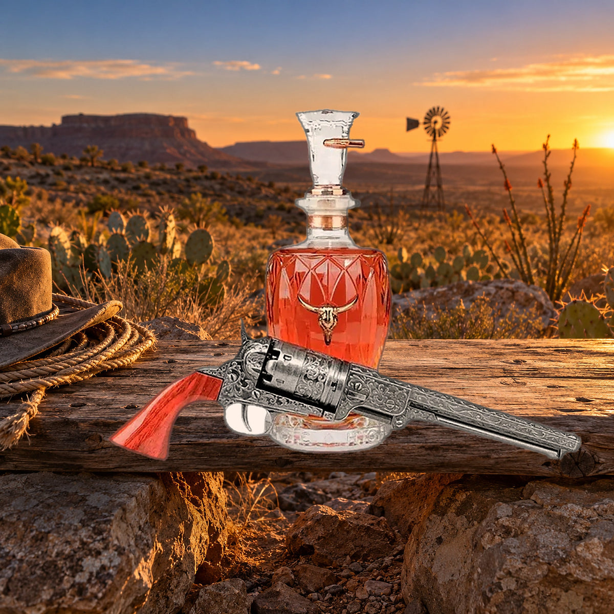 Doc Holliday 10 Year decanter and replica revolver in the West Texas desert at sunset