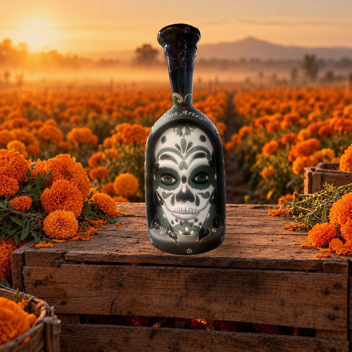 Dos Artes Calavera Extra Añejo Reserva Especial 36 Tequila 2026 Día de Muertos marigold field