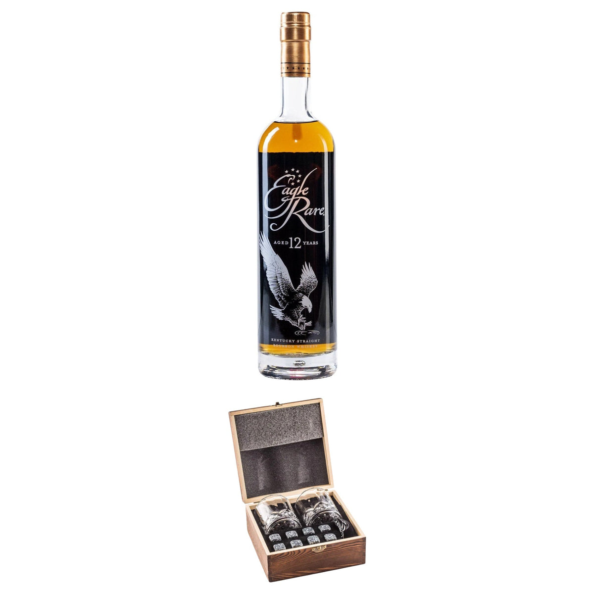 Eagle Rare 12 Year With Gift — Wooden Box, 2 Glasses & Whiskey Stones