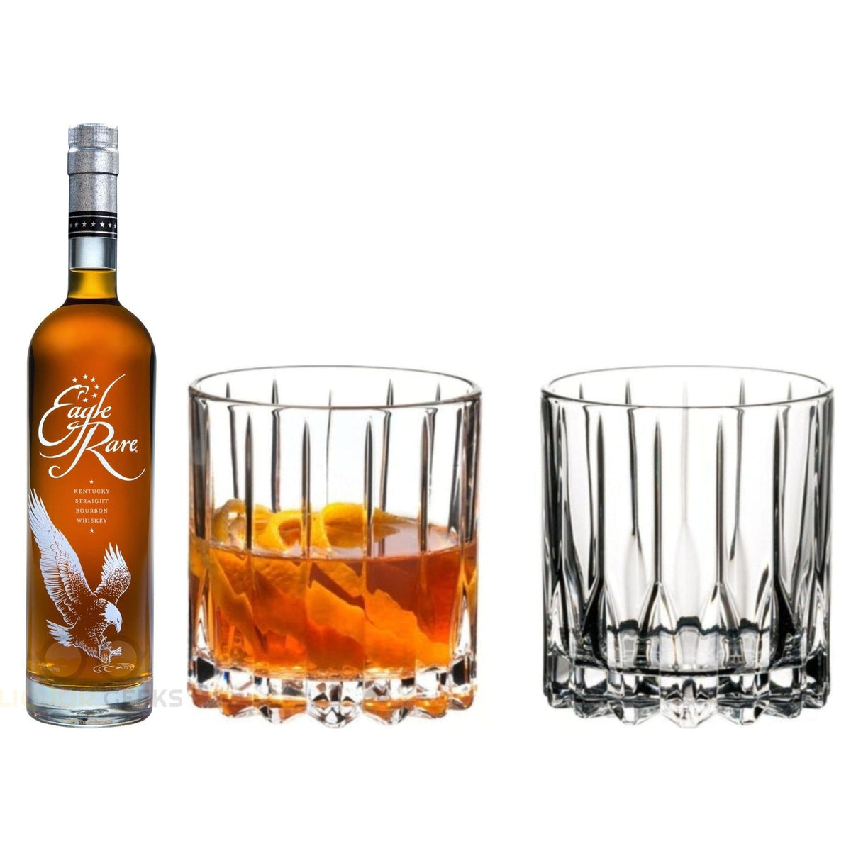 Eagle Rare 10 Year & Riedel Rocks Glasses — Bottle & 2 Crystal Tumblers