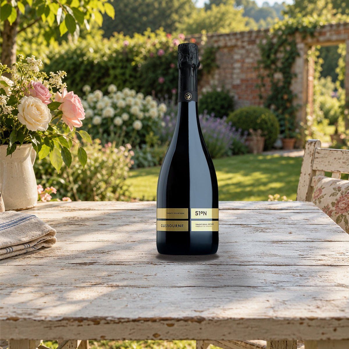 Gusbourne Brut 51°N England 2016 english garden bench