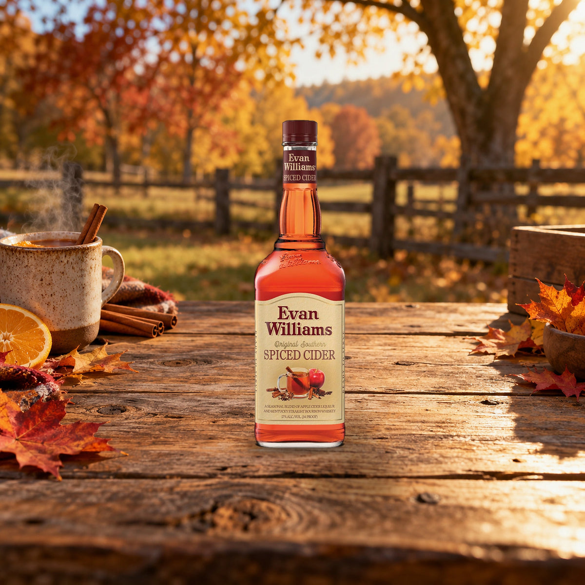 Evan Williams Spiced Cider Liqueur cider mug table