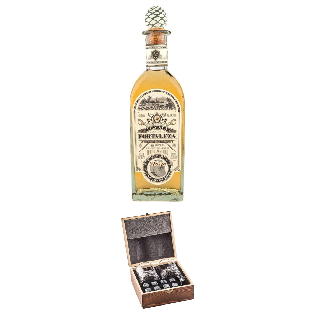 Fortaleza Añejo With Gift — Wooden Box, 2 Glasses & Whiskey Stones