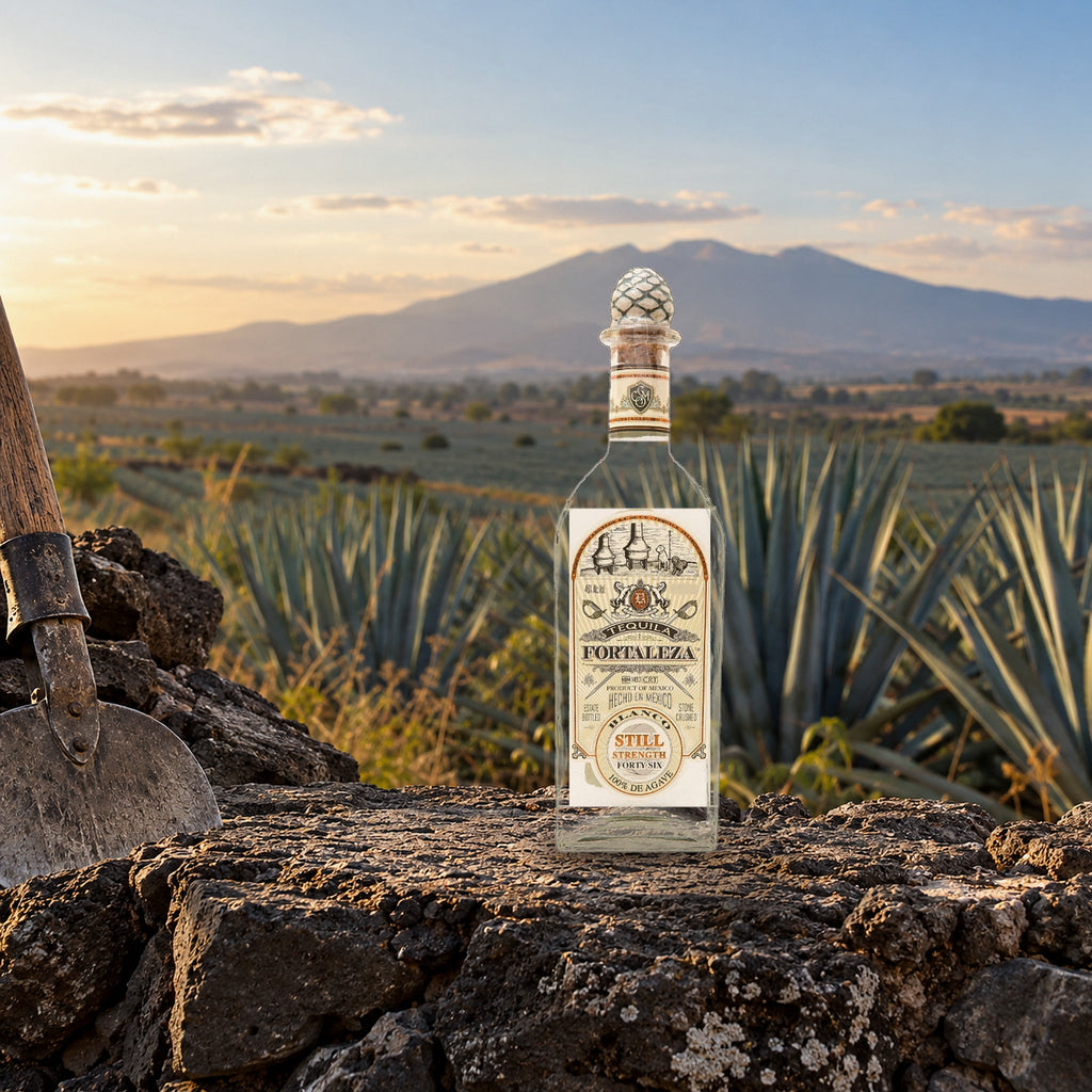 Fortaleza Tequila Blanco Still Strength 700mL volcano rock wall