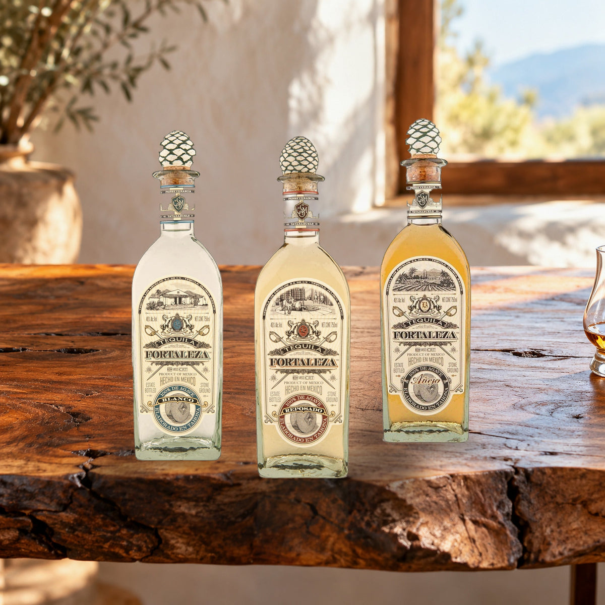 Fortaleza Tequila Trio — Blanco, Reposado & Añejo flight board