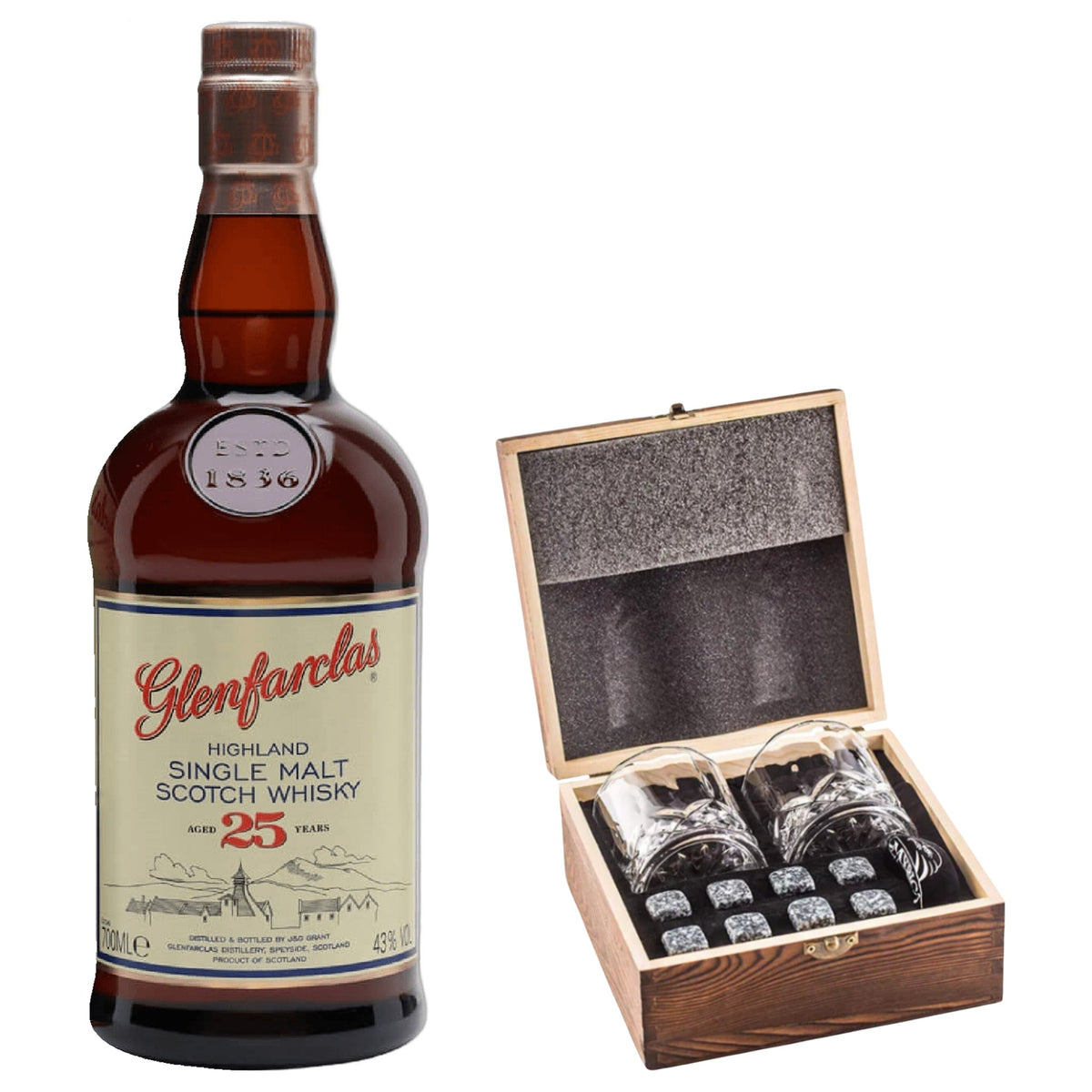 Glenfarclas 25 Year With Gift — Wooden Box, 2 Glasses & Whiskey Stones