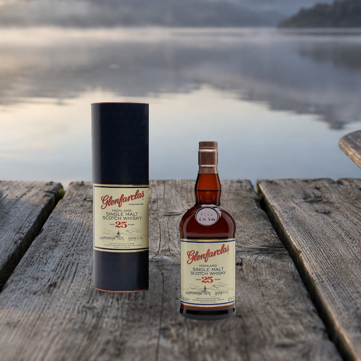 Glenfarclas 25 Years Aged Highland Single Malt Scotch Whiskey loch jetty