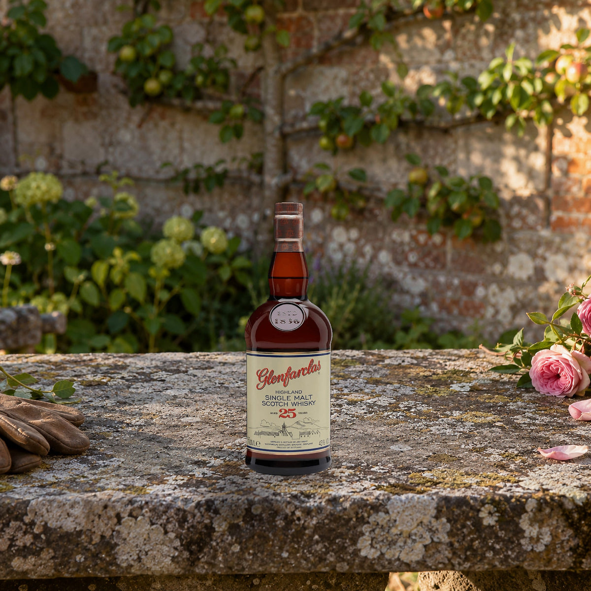 Glenfarclas 25 Years Aged Highland Single Malt Scotch Whiskey walled garden bench