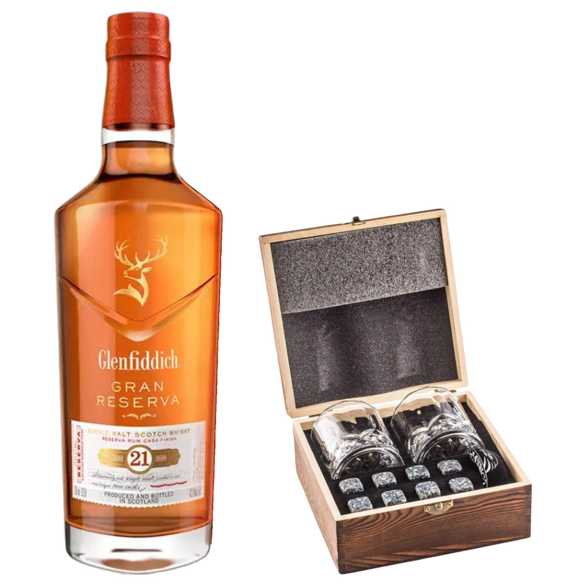 Glenfiddich 21 Year Gran Reserva With Gift — Wooden Box, 2 Glasses & Whiskey Stones
