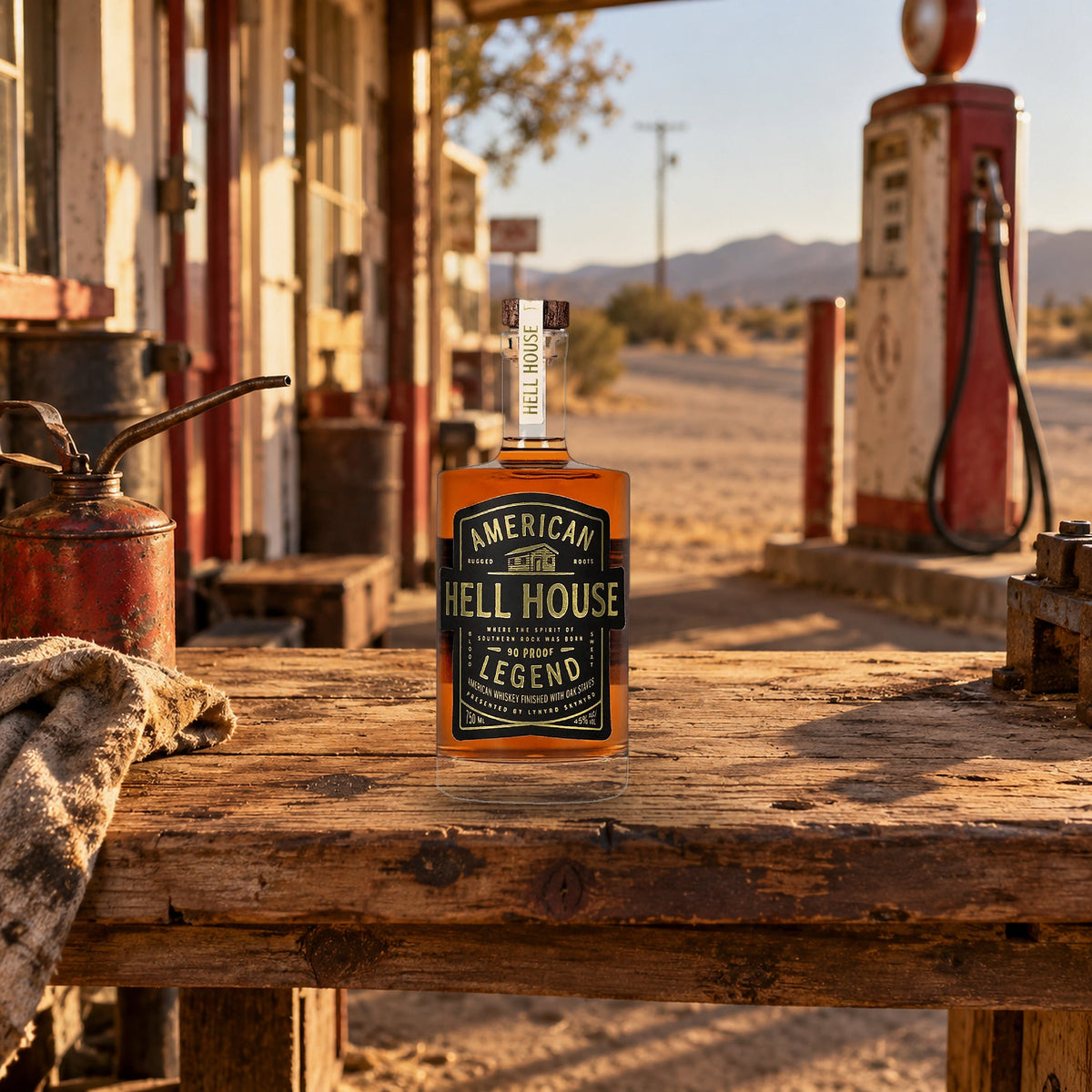 Hell House Blended American Whiskey American Legend 90 filling station bench