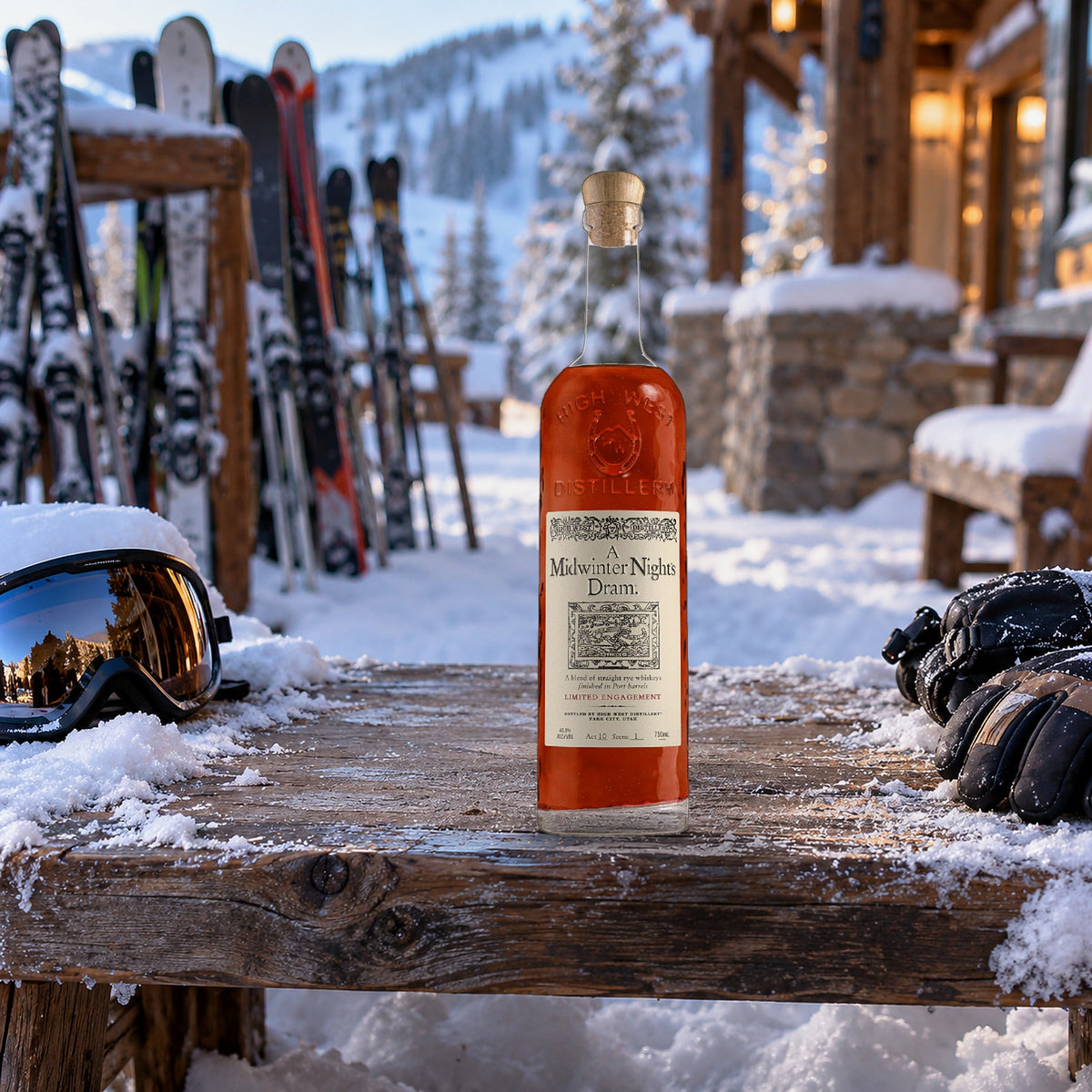 High West A Midwinter Night's Dram Whiskey ski rack bench