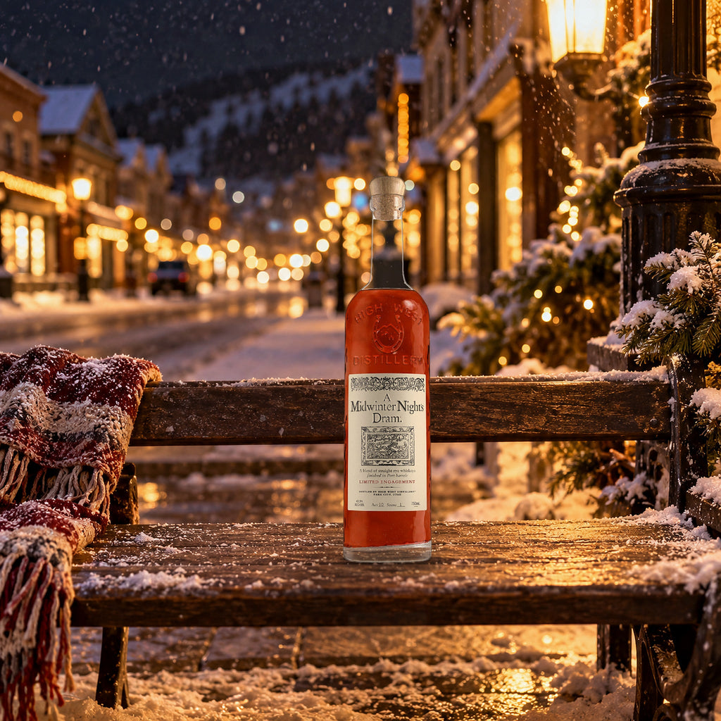 High West A Midwinter Night's Dram Whiskey snowy main street bench