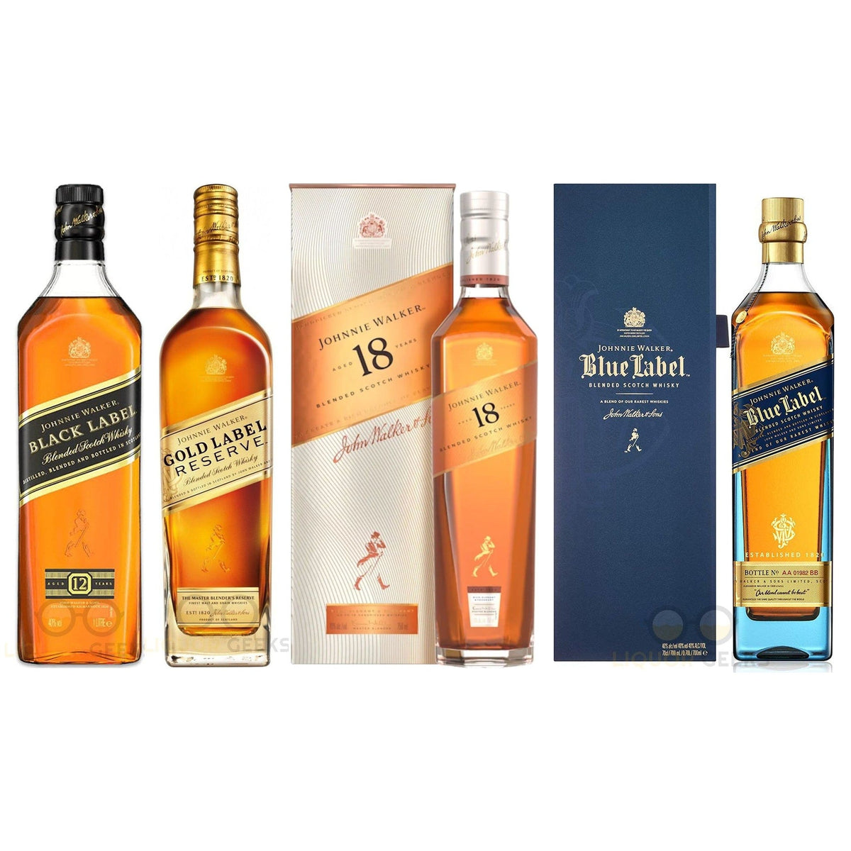 Johnnie Walker Ladder — Black Label, Gold Label Reserve, 18 Year & Blue Label