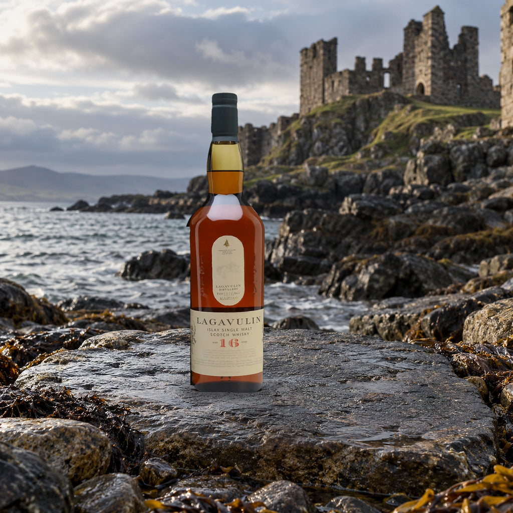 Lagavulin Single Malt Scotch 16 Year Whiskey bay ruin stone