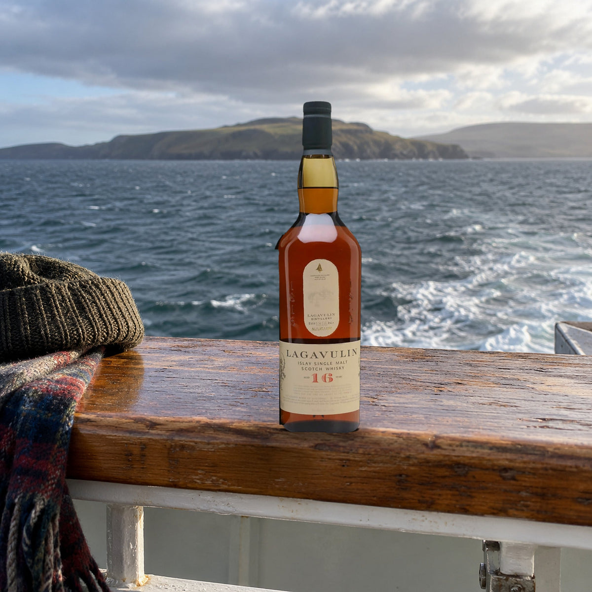 Lagavulin Single Malt Scotch 16 Year Whiskey ferry rail