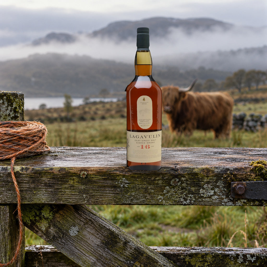 Lagavulin Single Malt Scotch 16 Year Whiskey highland cow gate