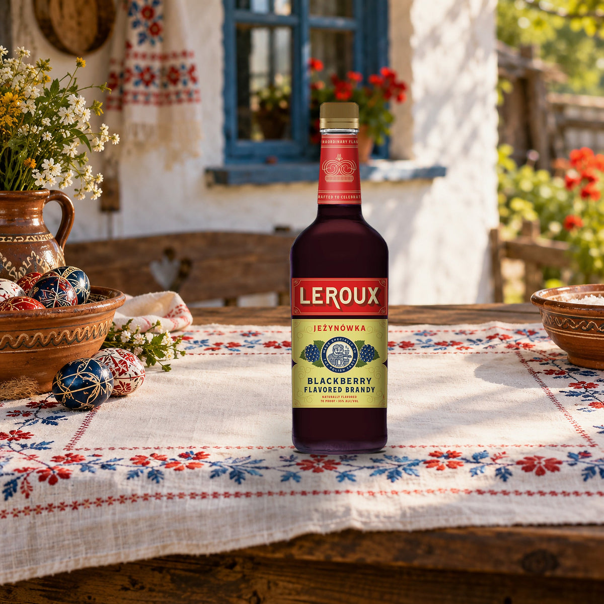 Leroux Blackberry Flavored Brandy Polish Style folk embroidered table
