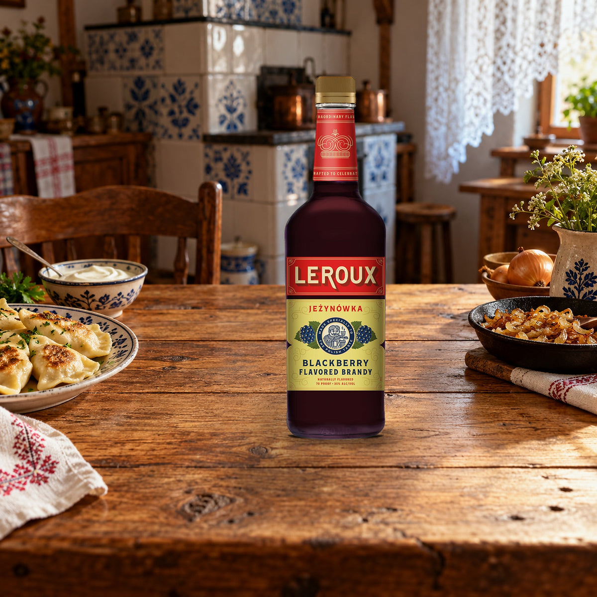 Leroux Blackberry Flavored Brandy Polish Style pierogi table