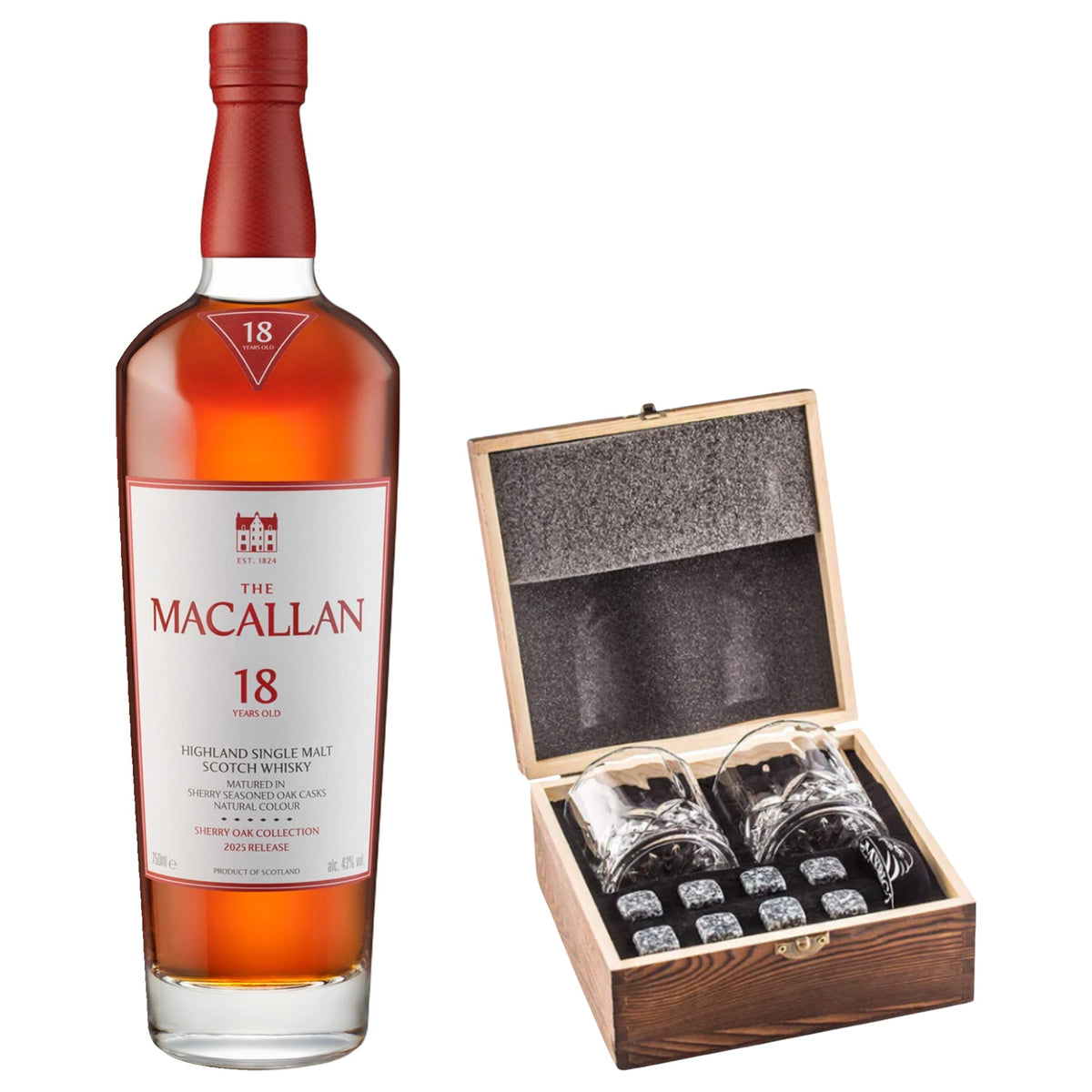 The Macallan 18 Year Sherry Oak With Gift — Wooden Box, 2 Glasses & Whiskey Stones