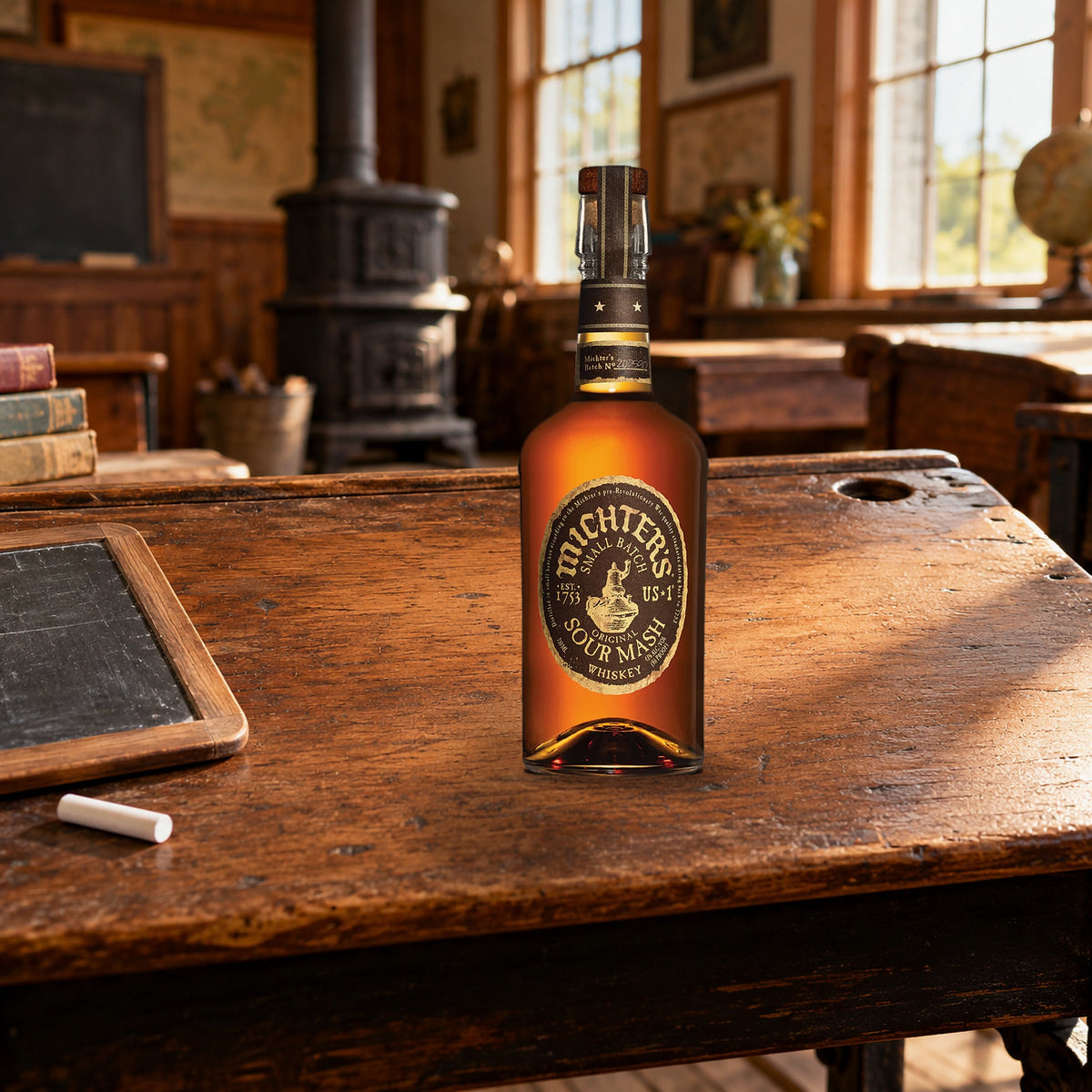 Michters US1 Sour Mash Bourbon Whiskey schoolhouse desk