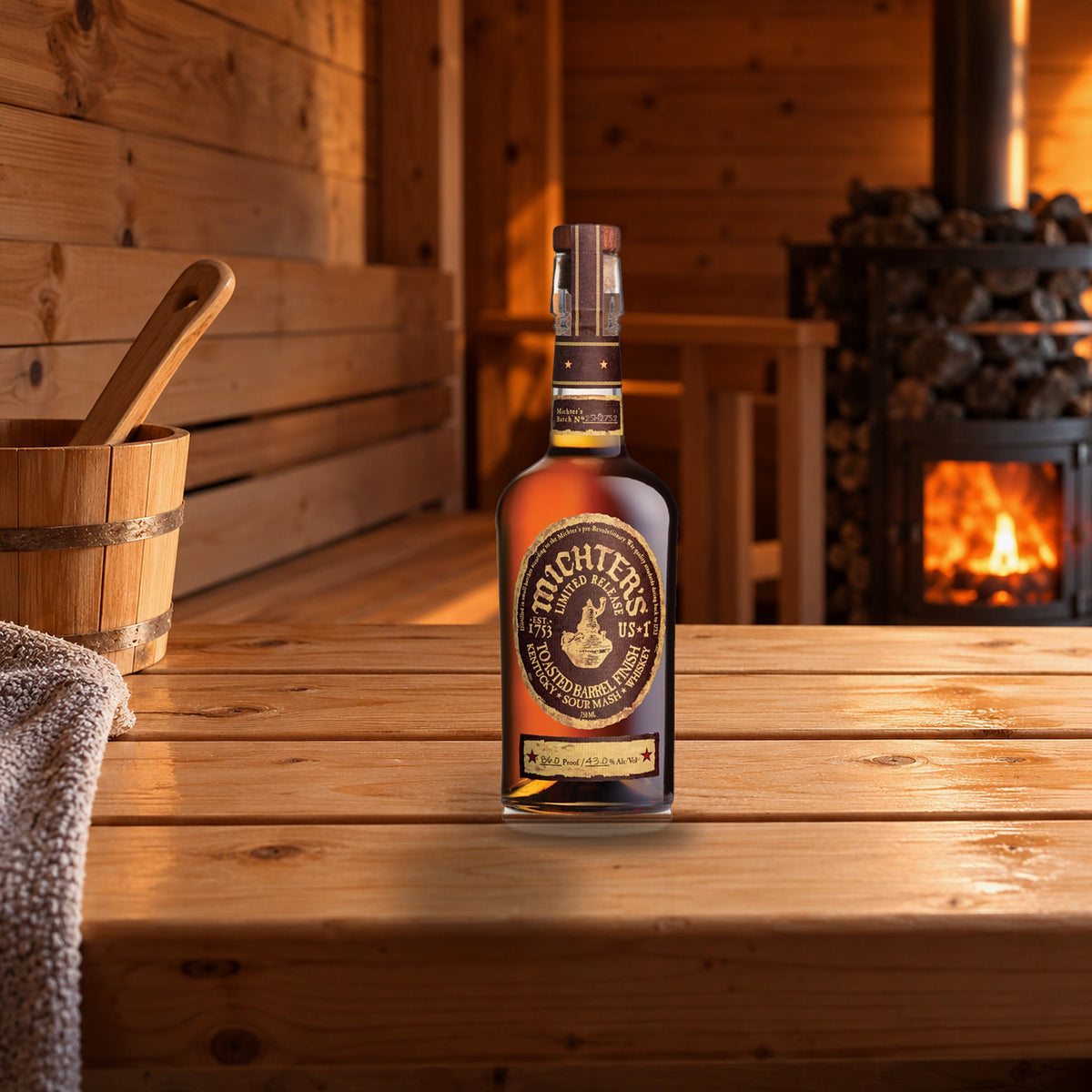 Michter's US-1 Toasted Barrel Finish Sour Mash Kentucky Whiskey sauna bench