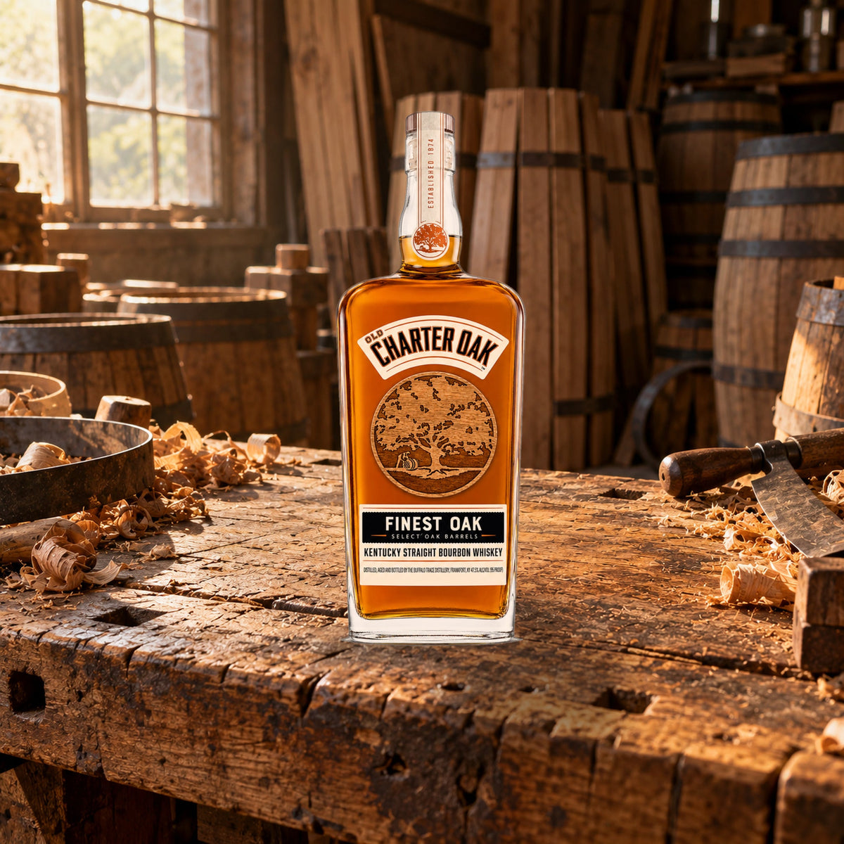 Old Charter Oak Finest Oak Kentucky Straight Bourbon Whiskey cooperage